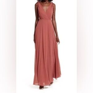 Lulu’s NEW Rusty Rose Flowy Chiffon Gown Surplice V Neck Sleeveless Faerie  Med